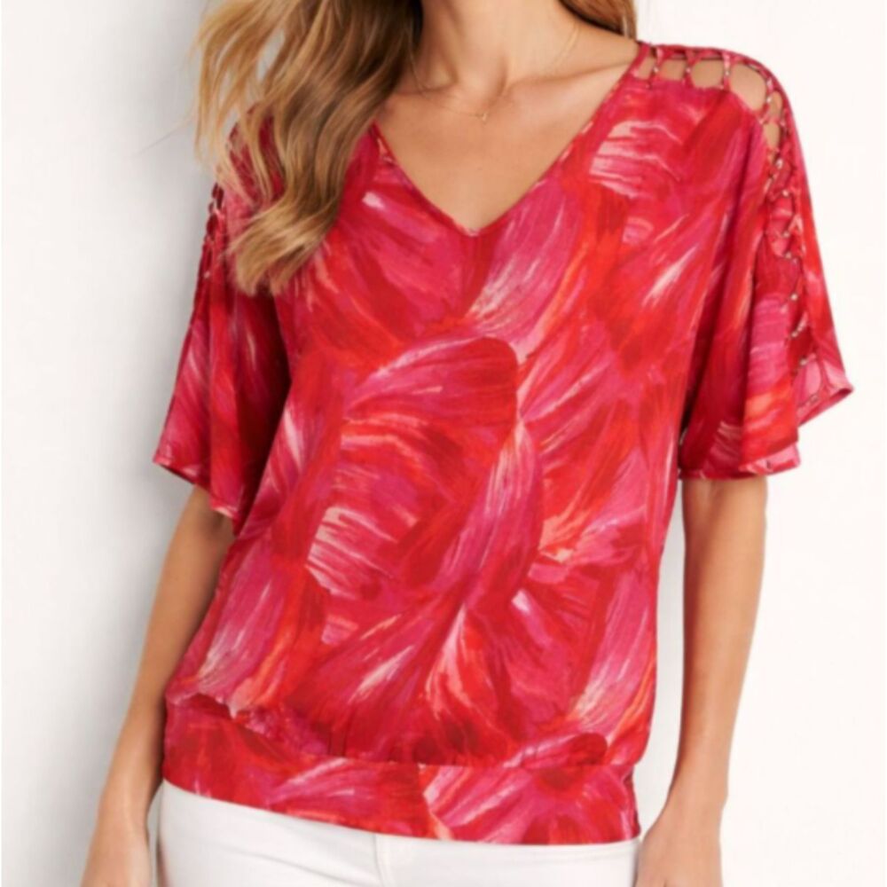 White House Black Market Pink Abstract Watercolor Print Top Size Small